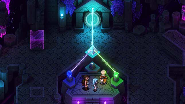 A Sea of Stars image showing some characters standing around, watching some orbs blast lasers into a door.