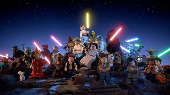 A screenshot shows over a dozen Lego Star Wars characters. 