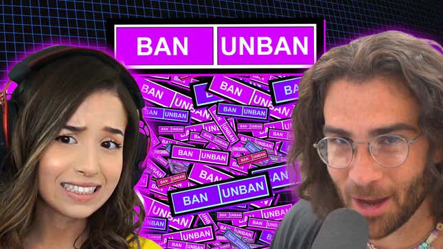 Headshots of Twitch streamers Pokimane and Hasan Piker with a pile of ban and unban request logos behind them. 