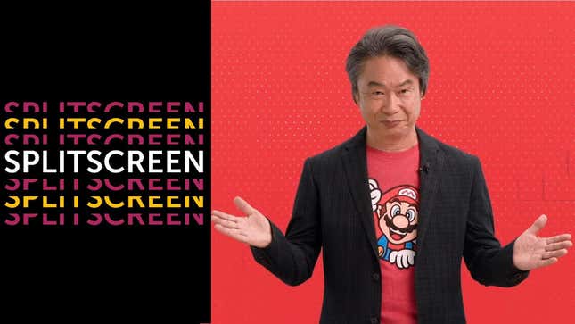Nintendo's Shigeru Miyamoto stands next to the Splitscreen podcast logo wearing a Mario t-shirt. 