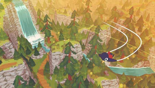 The bird protagonist in A Short Hike flies over a waterfall.