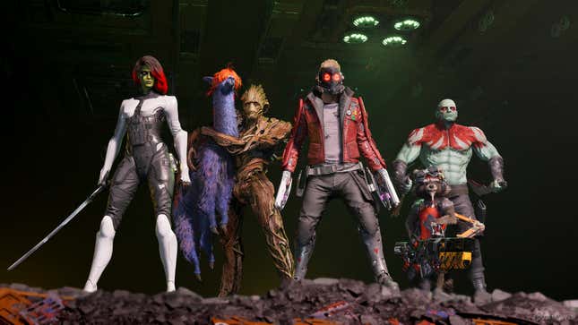 The Guardians of the Galaxy stand on a rocky outcropping in Guardians of the Galaxy on Xbox Series X.