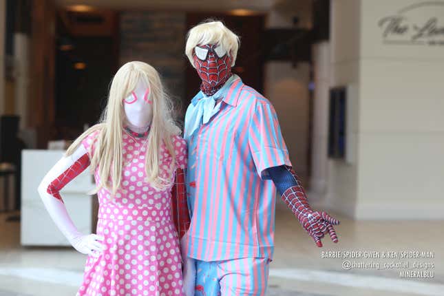 Spider-Gwen and Spider-Man dressed as Barbie and Ken.