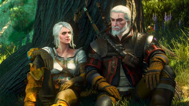 Geralt and Ciri sit under a tree. 