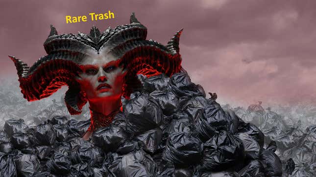 An image shows Lilith from Diablo sitting in a large pile of trash.  