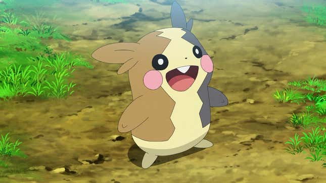 Morpeko is shown smiling on a dirt path.
