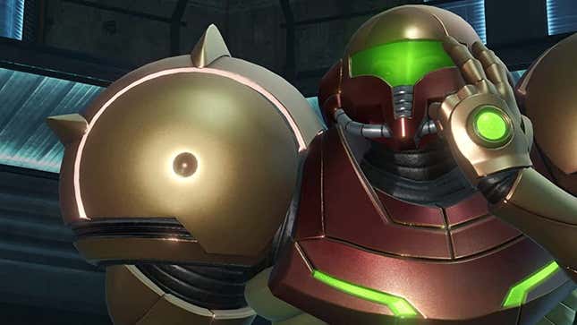 Samus is seen in full armor looking at something off-screen.