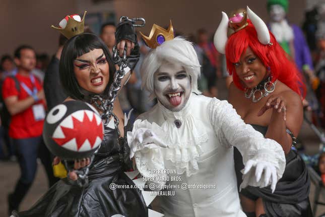 Chompette, Boosette, and Bowsette in the Super Crown version of the Super Mario Bros. characters.