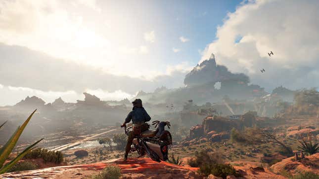 An image shows a woman on a hoverbike overlooking a vast alien world. 