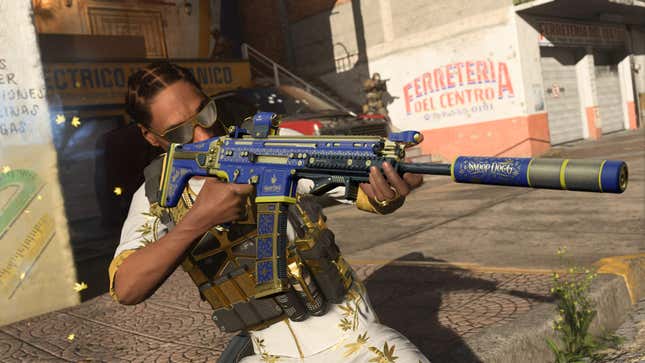 Snoop Dogg aims a large blue gun in Call of Duty.