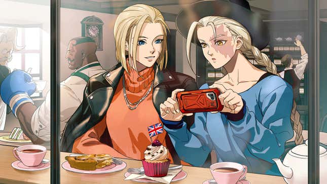 Cammy and Decapre sit at a bar, perhaps texting.