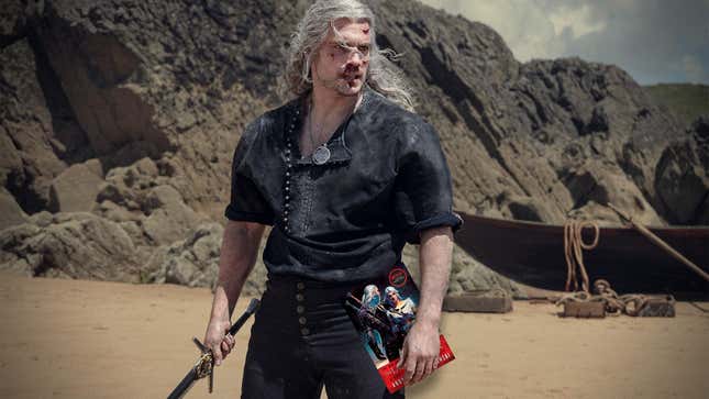 Geralt of Rivia in the Witcher Netflix series, with a Witcher novel Photoshopped into his hand.