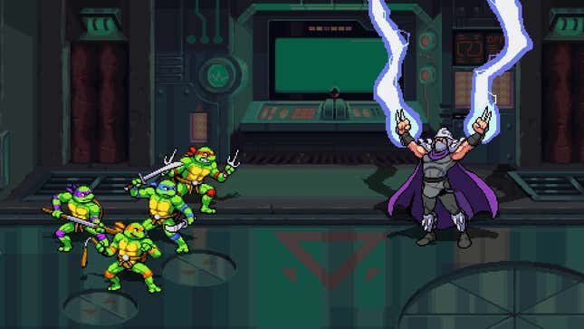 The Teenage Mutant Ninja turtles face off against Shredder in Shredder's Revenge