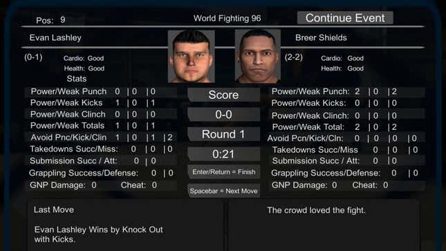 An MMA President image showing fighter stats for two different combatants after a match .