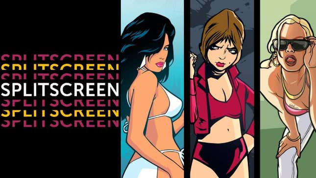 The Splitscreen logo sits next to the female characters represented on GTA Trilogy's box art. 