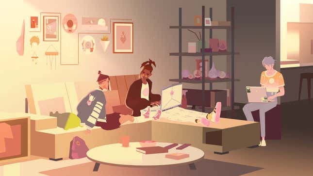 Friends sit around a midcentury modern office exchanging ideas. 