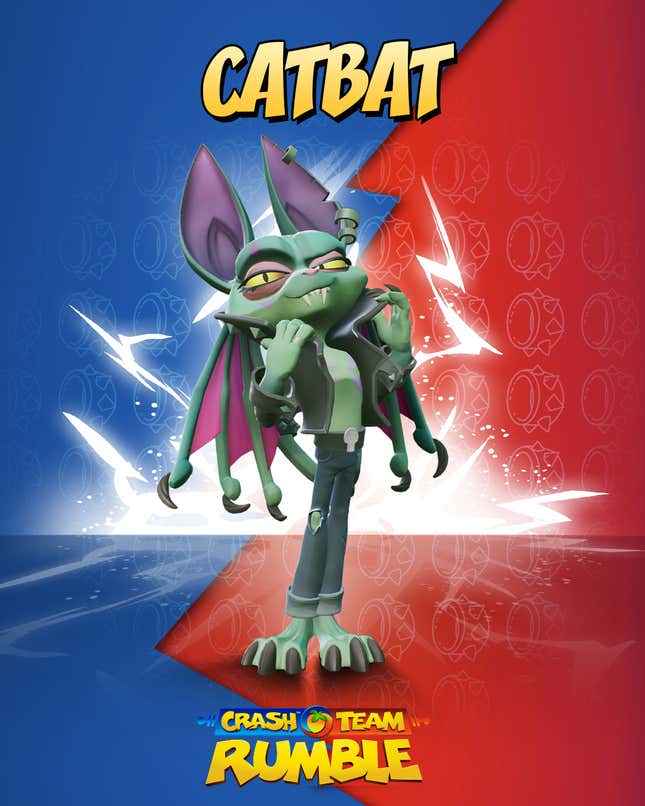Catbat is seen standing against a blue and red backdrop with text that reads "Catbat" and "Crash Team Rumble" above and below them.