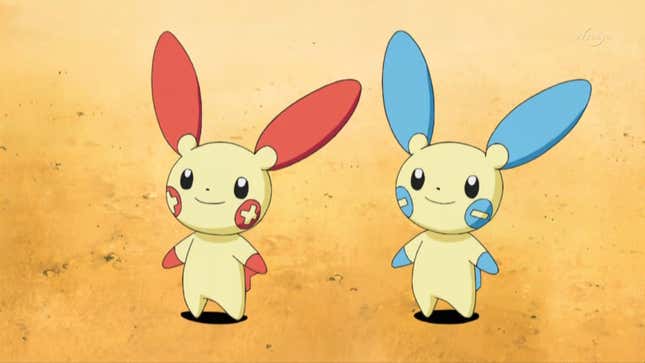 Minun and Plusle are seen standing next to each other with smiles on their faces.