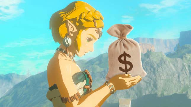 Zelda from Tears of the Kingdom is holding a money bag in her cupped hands.
