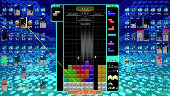 Tetris blocks fall on a grid.