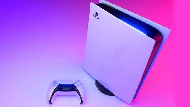 A PS5 sits on a table in front of pink light. 