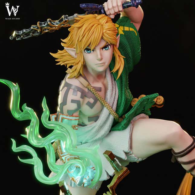 A close-up shows the Link statue scowling at you non-believers. 