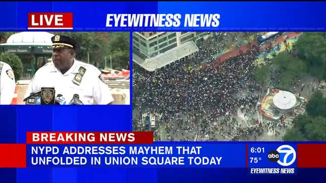A screenshot shows a police officer talking to the press next to an image of a large crowd in NYC. 