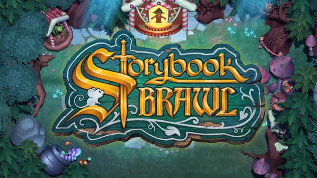 The logo for Storybook Brawl is emblazoned on a nice patch of grass. 