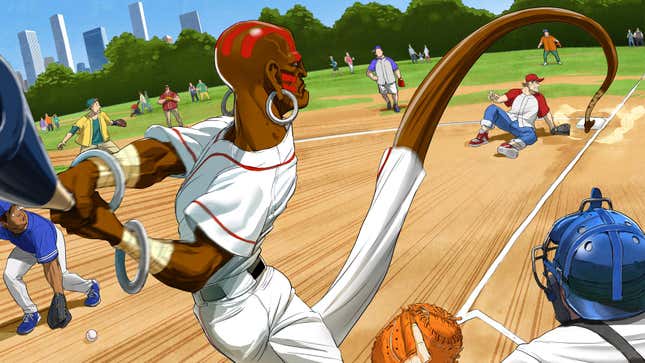 Dhalsim, at bat in baseball, extends his foot all the way to first base.