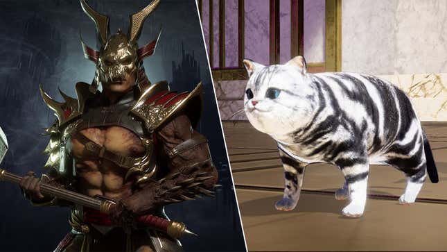 A composite image featuring Mortal Kombat 11's Shao Kahn and No More Heroes 3's Jeane the cat.
