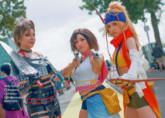 Paine, Yuna, and Rikku cosplay from Final Fantasy X-2.