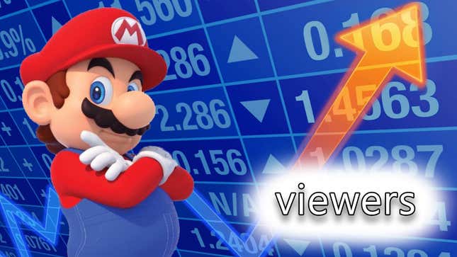 Mario standing in front of a blue screen of numbers with a yellow arrow pointing up over the word viewers.